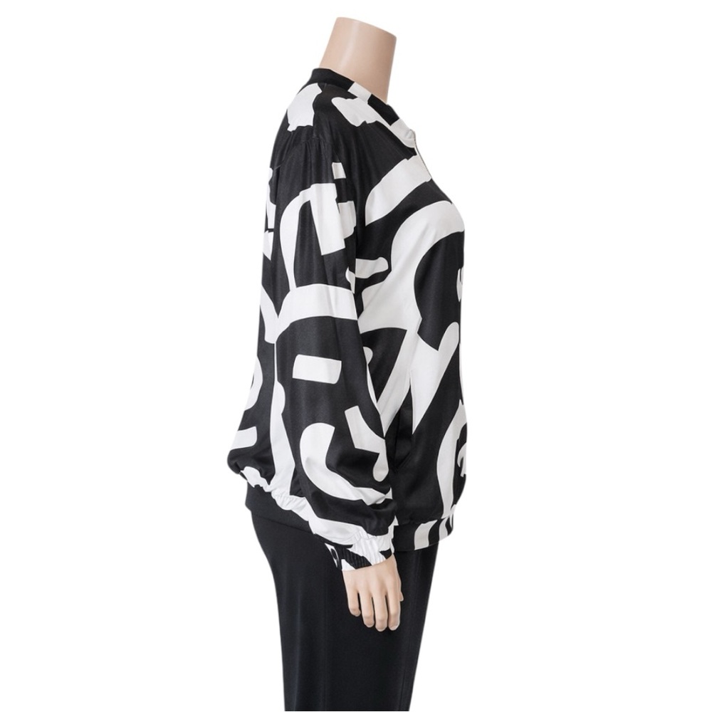 New Black & White Abstract Print Zip-Up Bomber Jacket - Picture 10 of 16